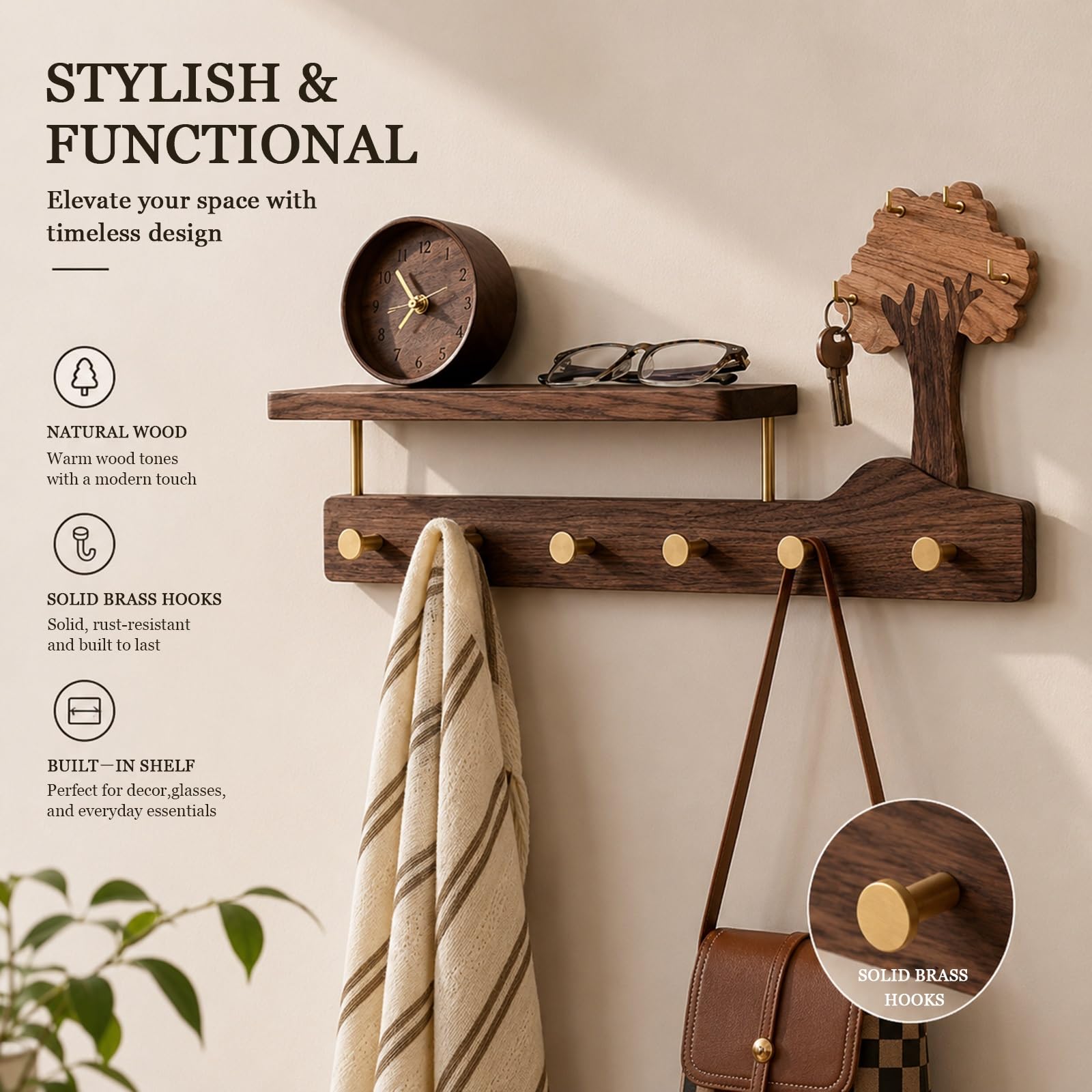 Mensola da Parete in Legno con Ganci - Legno Massello e Ottone, Design ad Albero, Soluzione Multifunzionale per Ingresso, Camera da Letto e Bagno - 41cm & 57cm(4 hooks)
