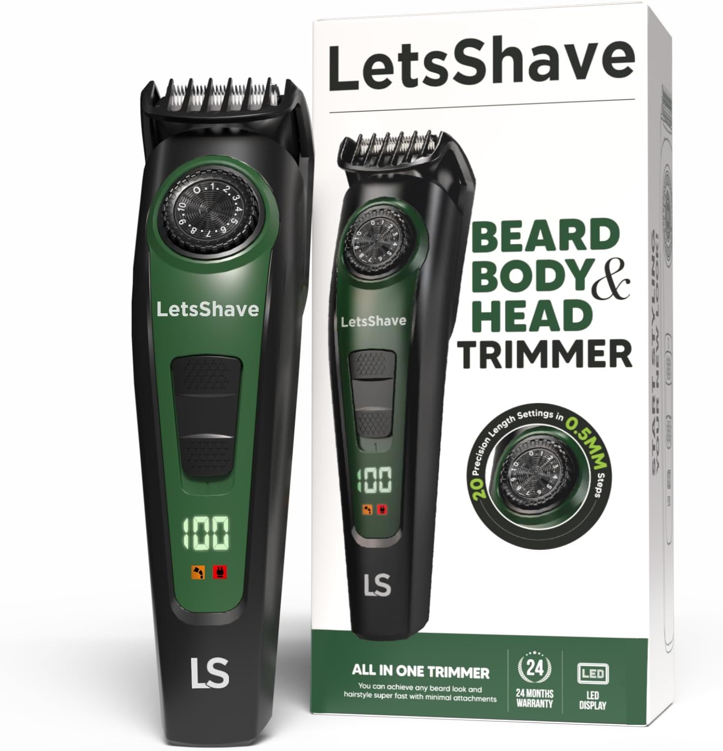 LetsShave All-in-One Beard, Body & Head Trimmer for Men | 20 Precision Length Settings (0.5โ10mm) | Self-Sharpening Blades | USB-C Fast Charging | 120 Min Runtime | LED Display | Free Pro Styler