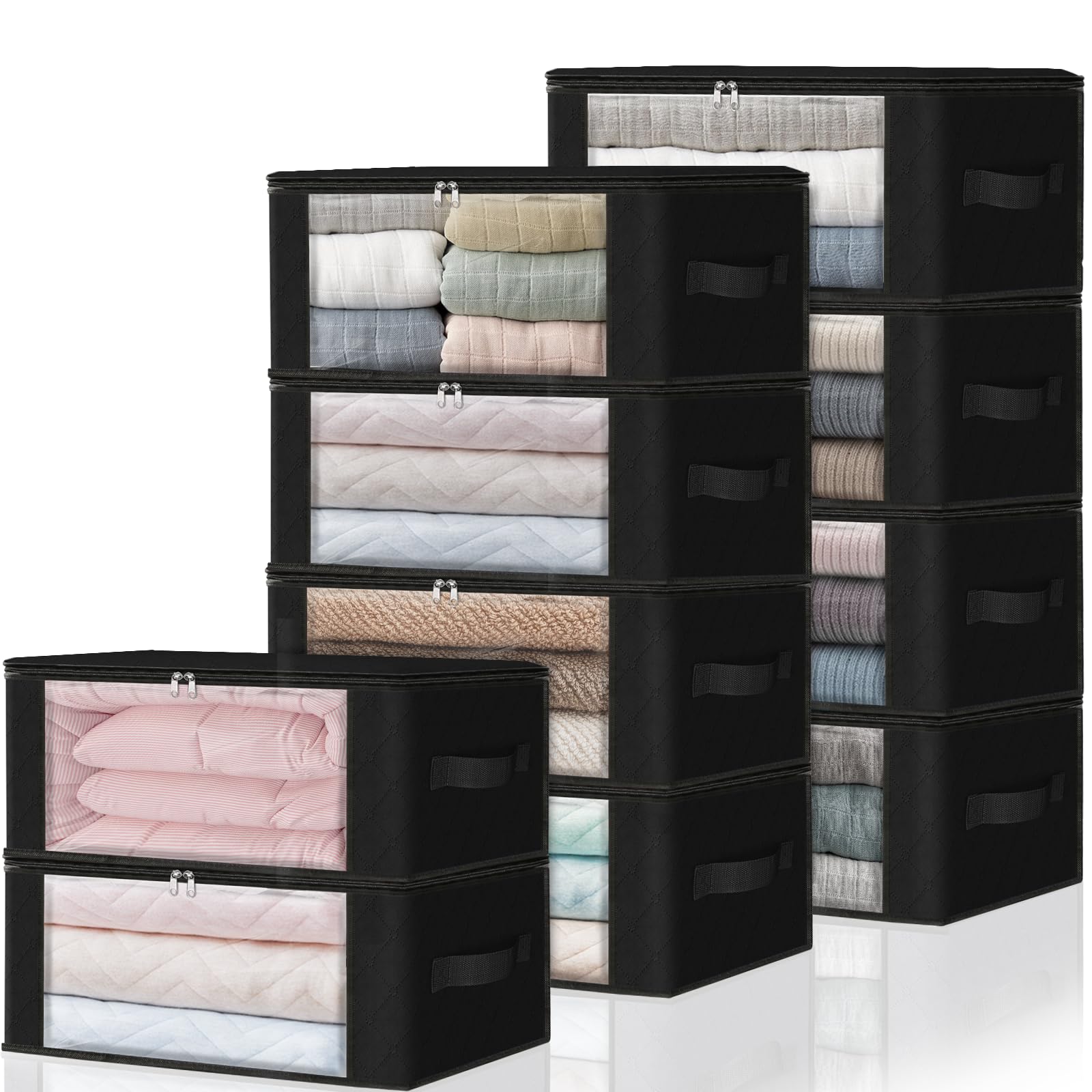 HomeHacks 10-pak organizer na ubrania, składane pudełko do przechowywania z dużym przezroczystym okienkiem, solidne uchwyty do szafy, akademika, poduszek, pościeli, ubrań, koców, 35 l, czarny