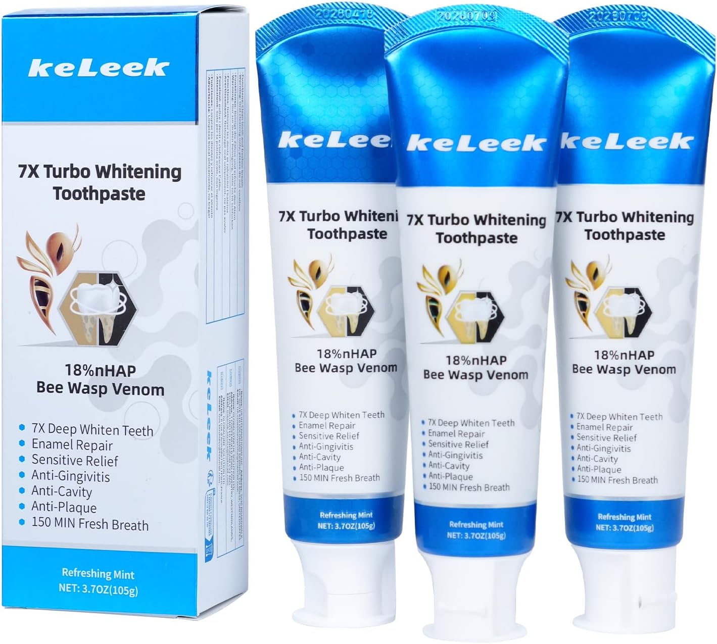 3-Pack 7X Turbo Whitening 18% Nano Hydroxyapatite Bee Wasp Venom Toothpaste for Remineralizing Enamel Gum Repair,Sensitive Relief,Anti-Gingivitis,Anti-Cavity,Anti-Plaque -150 MIN Fresh Breath