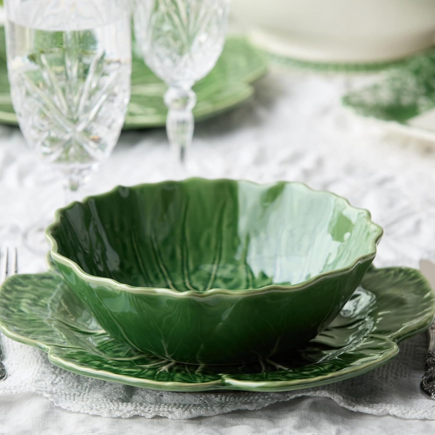 Le Jardin Cabbage 3D SOUP/CEREAL BOWLS, SET OF FOUR, 8.5" x 2.75" – Sculpted Green Stoneware Leaf Bowls– Seasonal Garden-Inspired Serveware for Soups, Salads, Pasta & Everyday Entertaining