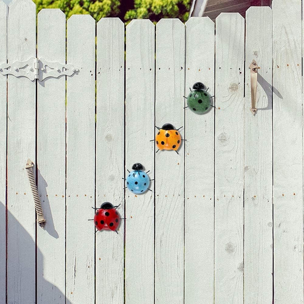 hogardeck Metal Ladybugs Outdoor Wall Decor, 4 Pack Wall Art Garden Sculptures & Statues Outdoor Decorations for Patio, Handmade Gift, Spring Garden Decor for Outside
