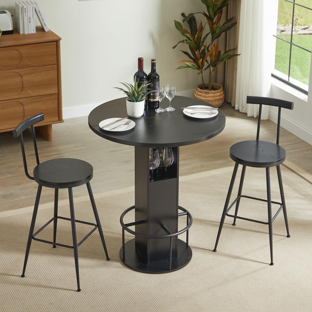Juego de mesa de bar de 3 piezas con mesa redonda y 2 taburetes de madera robusta con reposapiés de metal, perfecto para comedores, cafeterías, bares, salones, estables y versátiles, 193