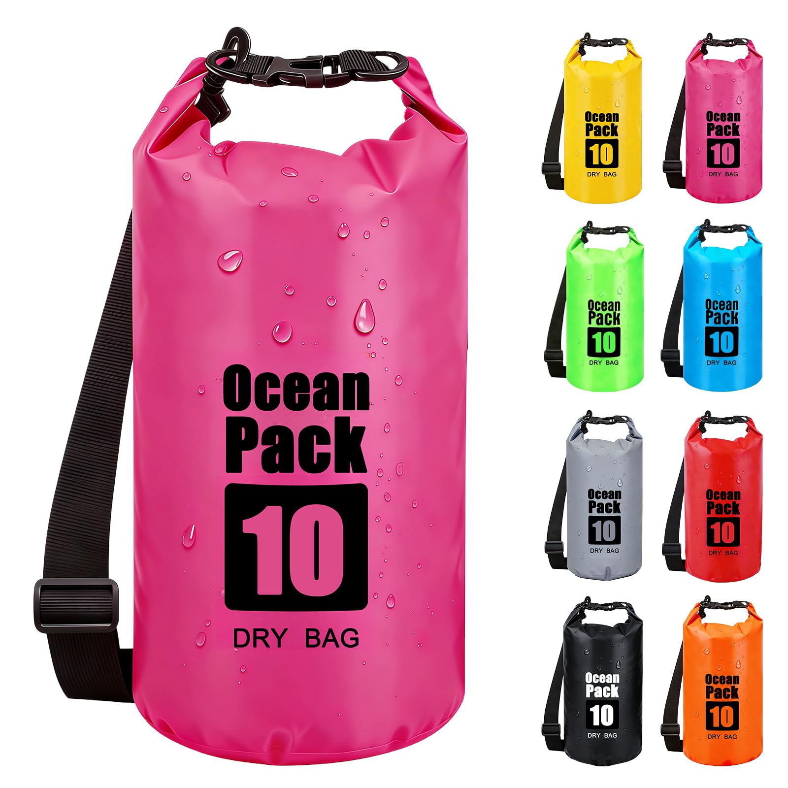 RONGZUBAT 15L Large Waterproof Dry Bag with Shoulder Strap, Roll Top Dry Sack for Outdoor Gear, Waterproof Bag for Kayaking, Boating, Paddle Boarding, Camping, Beach, Fishing and Travel - Hot Pink