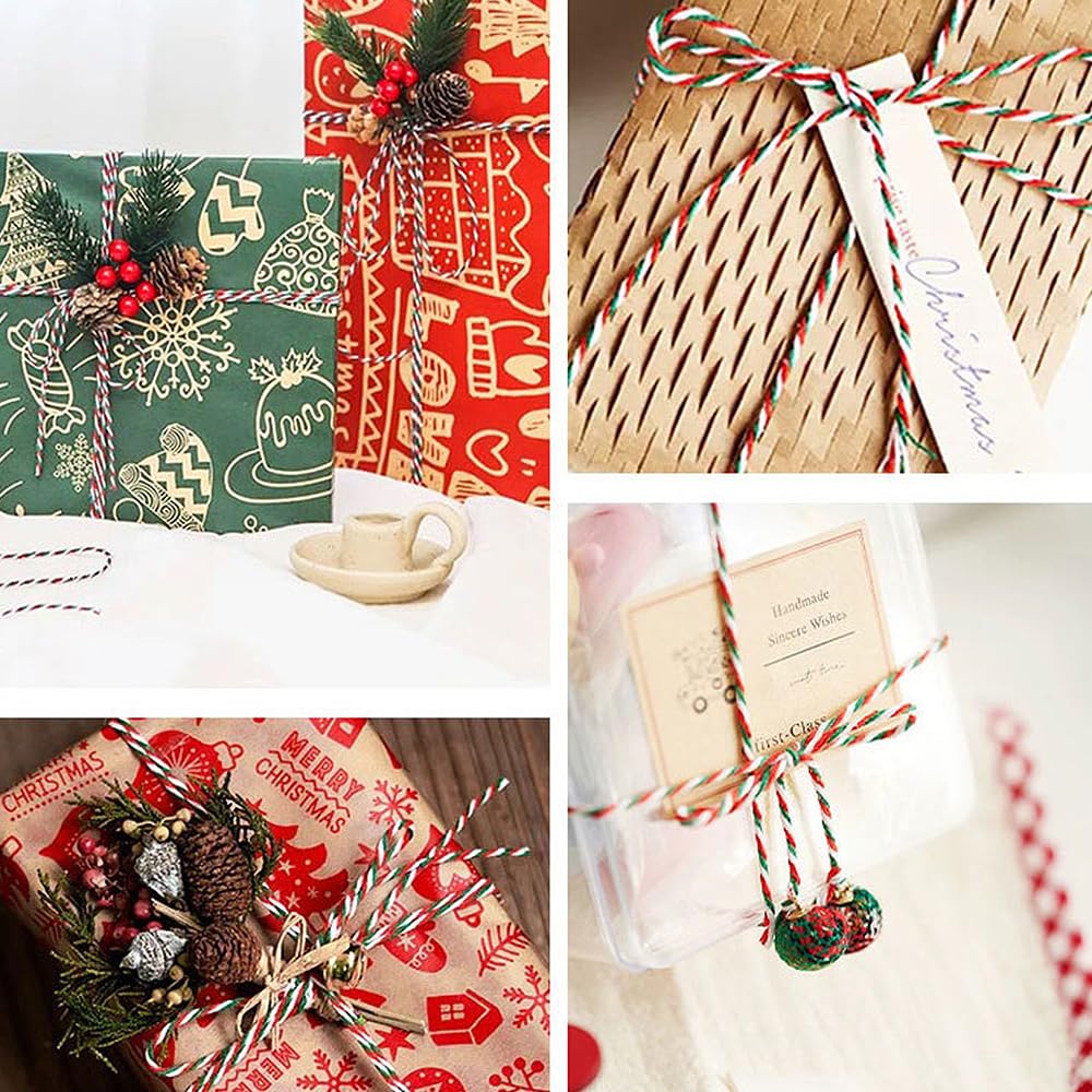 3 cuerdas de Navidad de 50 m, cuerda de algodón de 2 mm, rojo, verde y blanco, para decoración de manualidades, envoltura de regalos, decoración de Navidad (total 150 m).