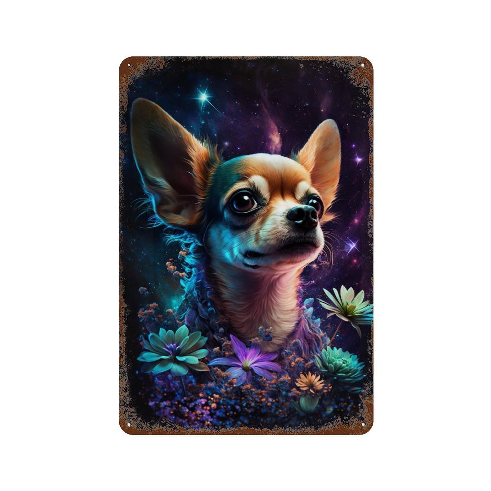 Galactic Chihuahua with Flowers Rustic Tin Plaque 11.8"x7.9", for Pub, Kitchen And Man Cave Decor, Vintage Wall Decor