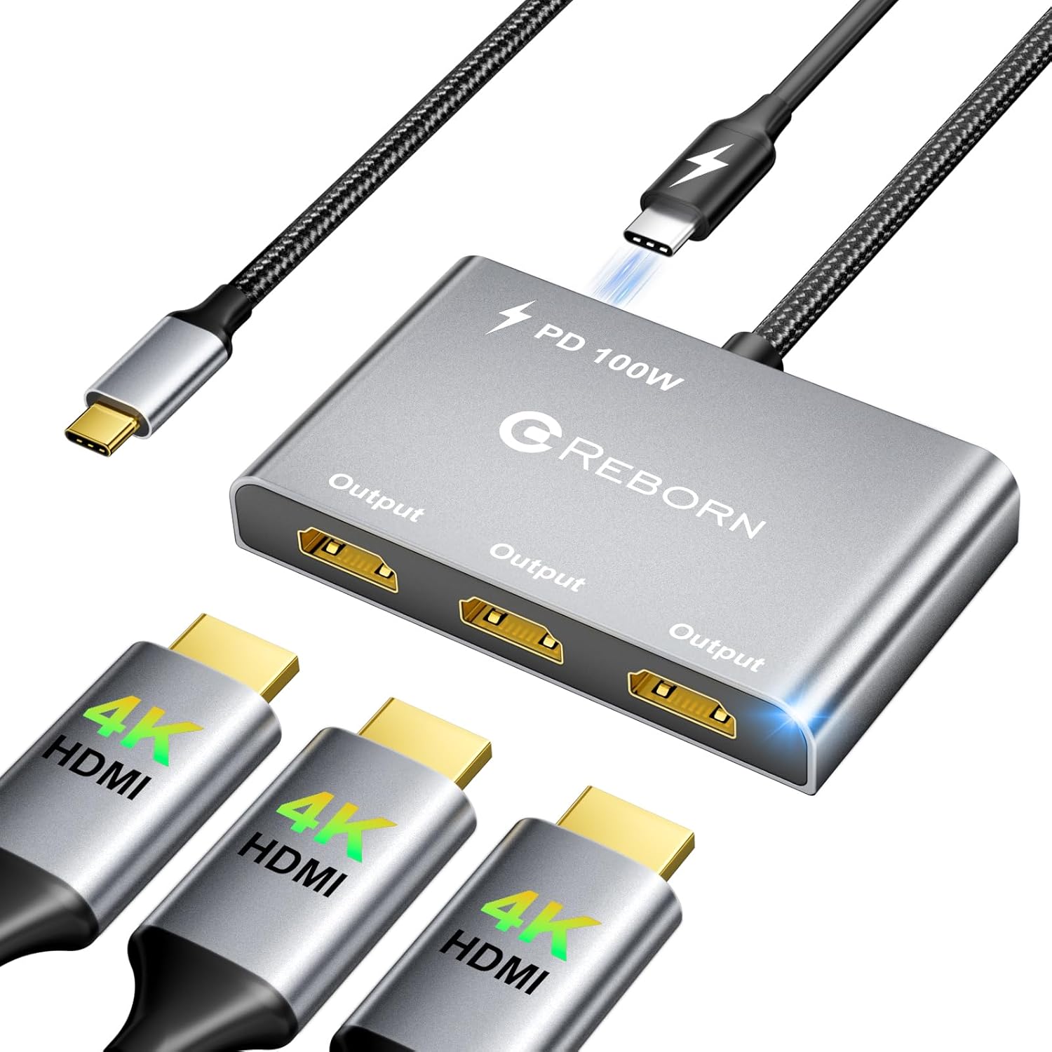 Amazon.com: Reborn USB-C to 3 HDMI Adapter with 100W PD, 4K@60Hz USB ...