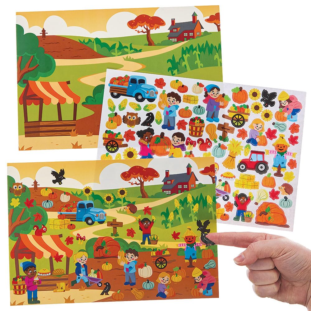 Baker Ross FN586 Pumpkin Picking Sticker Scene Kits - Pack of 4, Autumn Themed Sticker Craft Sets for Kids with Fun Pumpkin Patch Scenes
