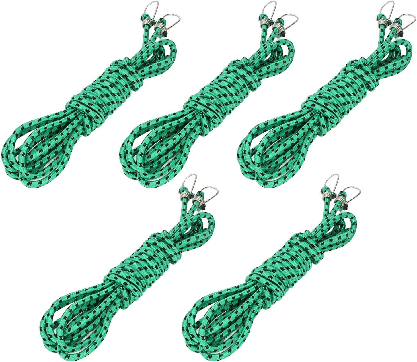 5 Pcs Bungee Cord 20ft, Green Thickened Rubber Elastic Rope with Heavy Duty Hooks, Secure Fastening for Tarps Luggage Furniture, Coated Bungee Strap for Outdoor Indoor