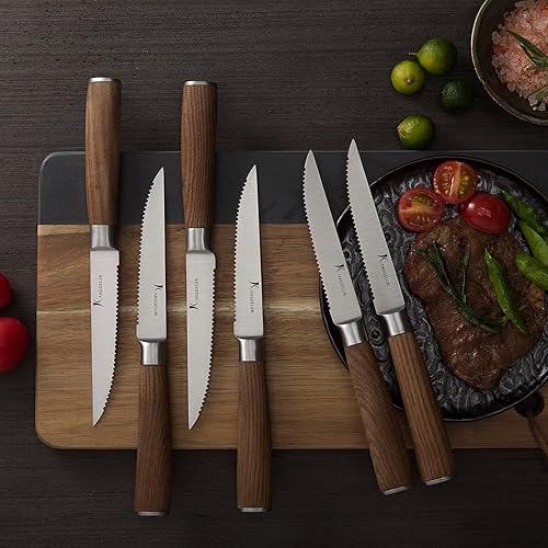 Miniatura 4 de kangdelun Natura Series - Juego de 8 cuchillos dentados para carne de 4.5 pulgadas, acero inoxidable de alto carbono, mango de madera
