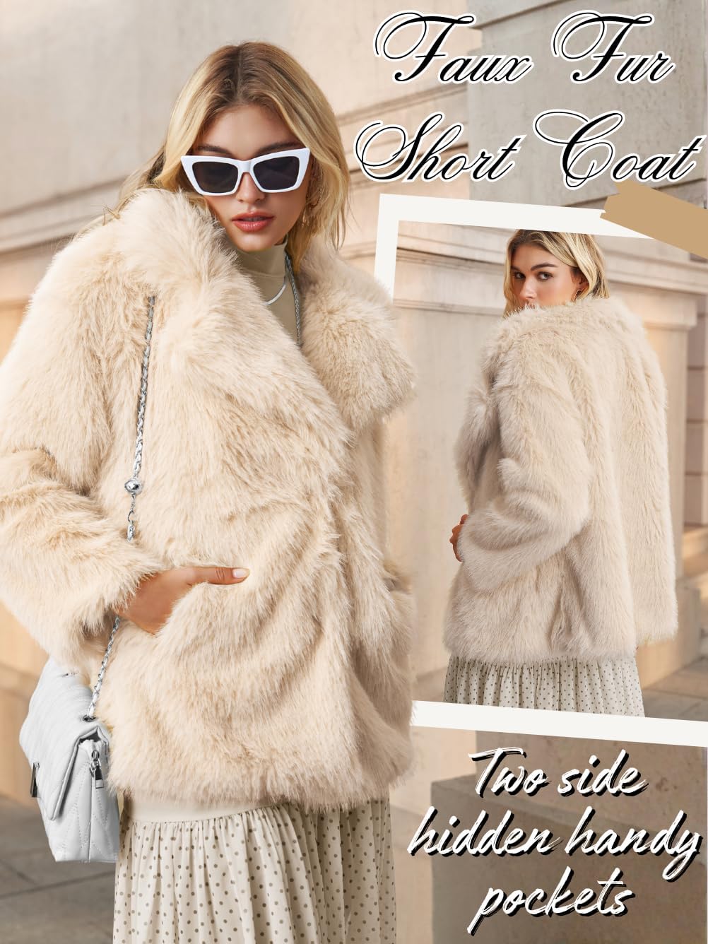 Women's Faux Fur Jacket Trendy, Furry Lapel Coat with Inner Lining, Winter Warm Outerwear