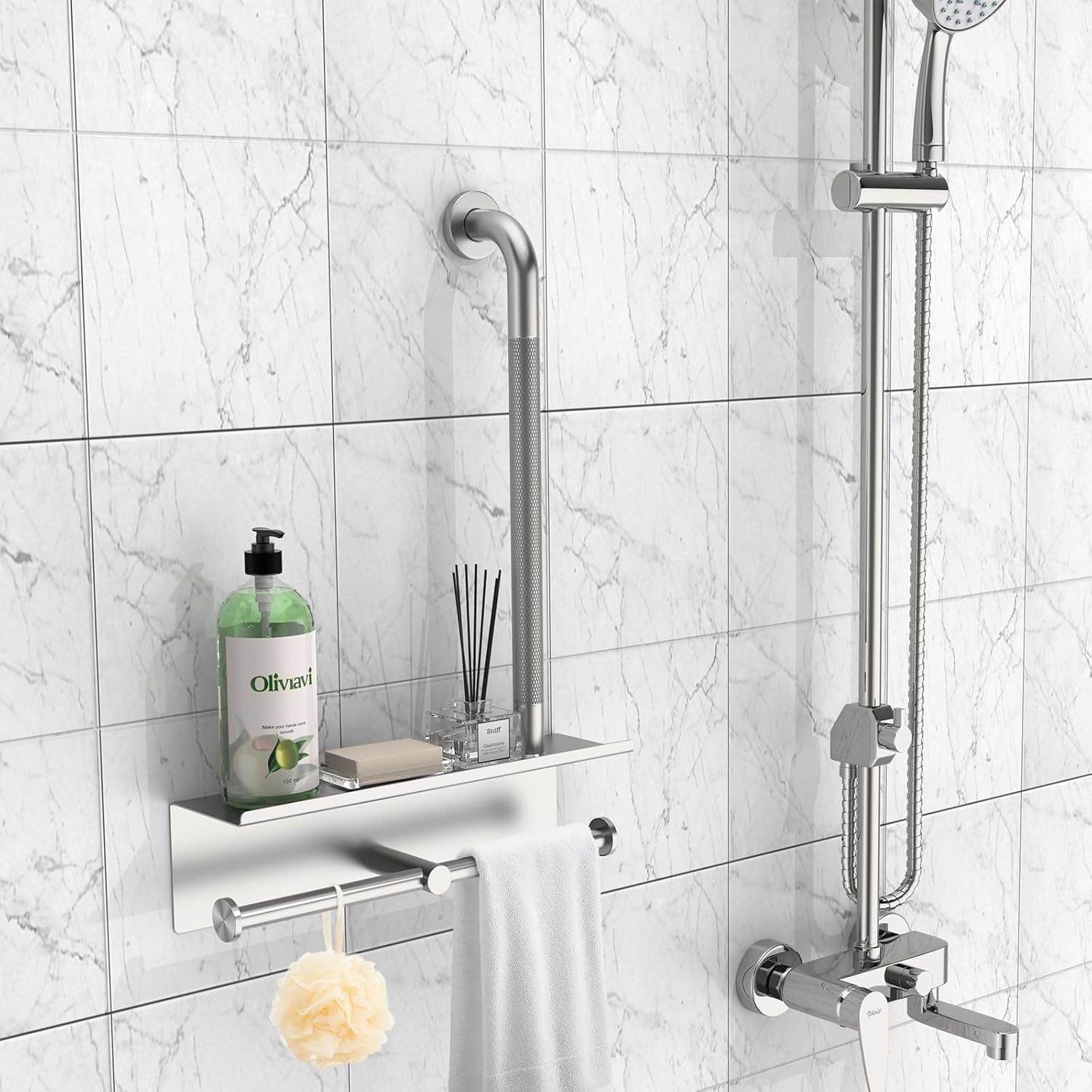 Bathroom Grab Bar with Shower Shelves,Munzong Toilet Paper Holder 3 in 1 Bathroom Organizers and Storage, Anti Slip Stainless Steel Safety Hand Rail for Handicap Elderly Senior Assist