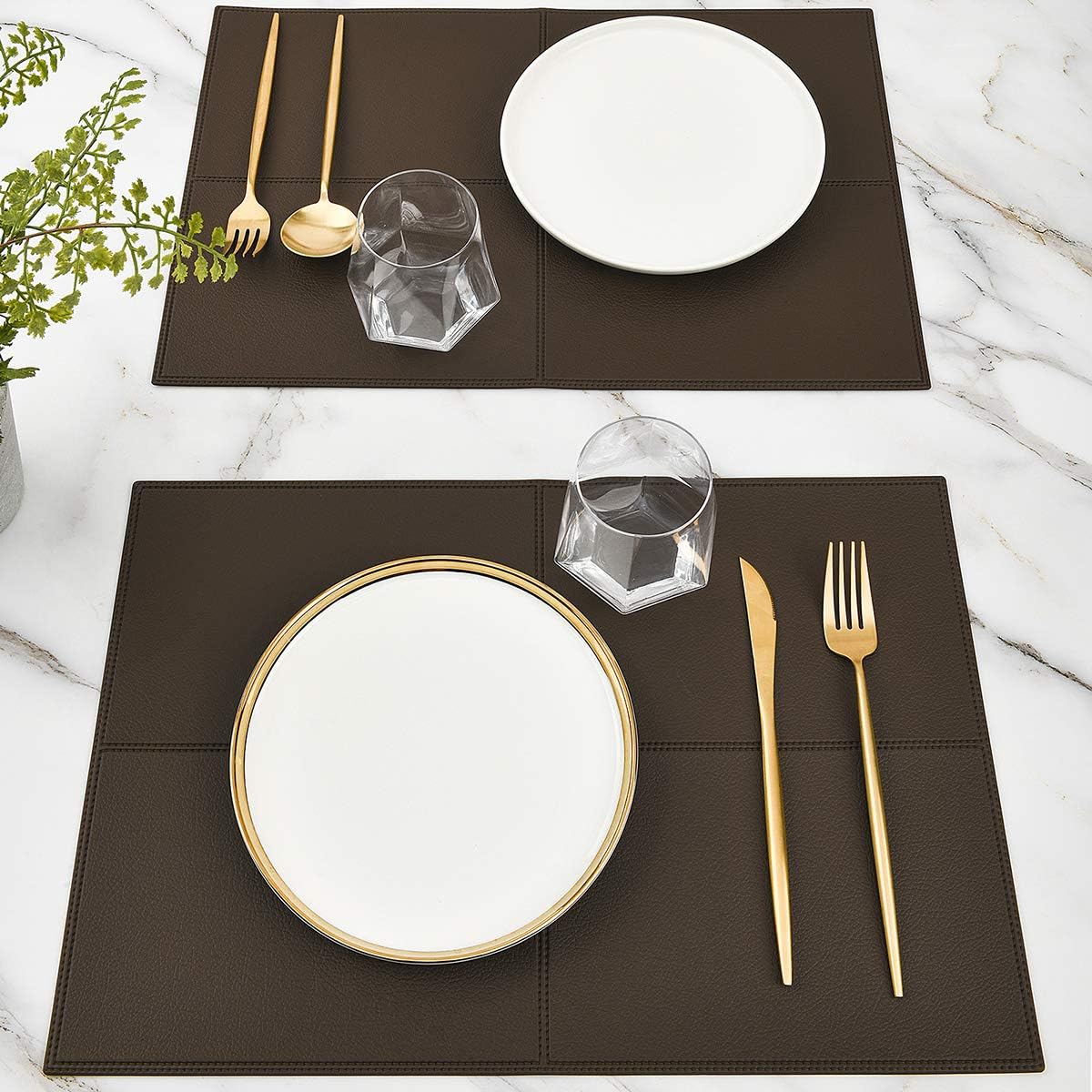 Decorative Faux Leather Placemats Set of 6 Waterproof Heat Resistant Easy to Clean Washable Table Mats for Kitchen Dining Table,Dark Brown