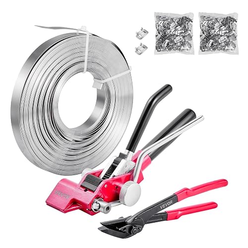 VEVOR Steel Banding Strapping Kit, Heavy Duty Banding Sealer Tool with 200 ft Binding Straps, 200 Metal Clasps, Manual Pallet Packaging Strapping Kit for Warehouse, Transportation, Industrial Bundling