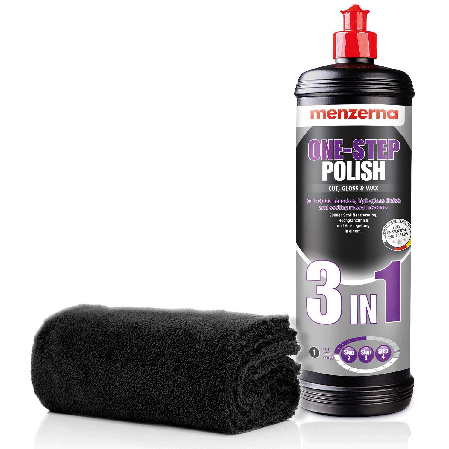 detailmate Menzerna - Juego de abrillantadores Menzerna 3 en 1 Medium Cut – 1 L + paño de microfibra 550 g/m², 40 x 40 cm