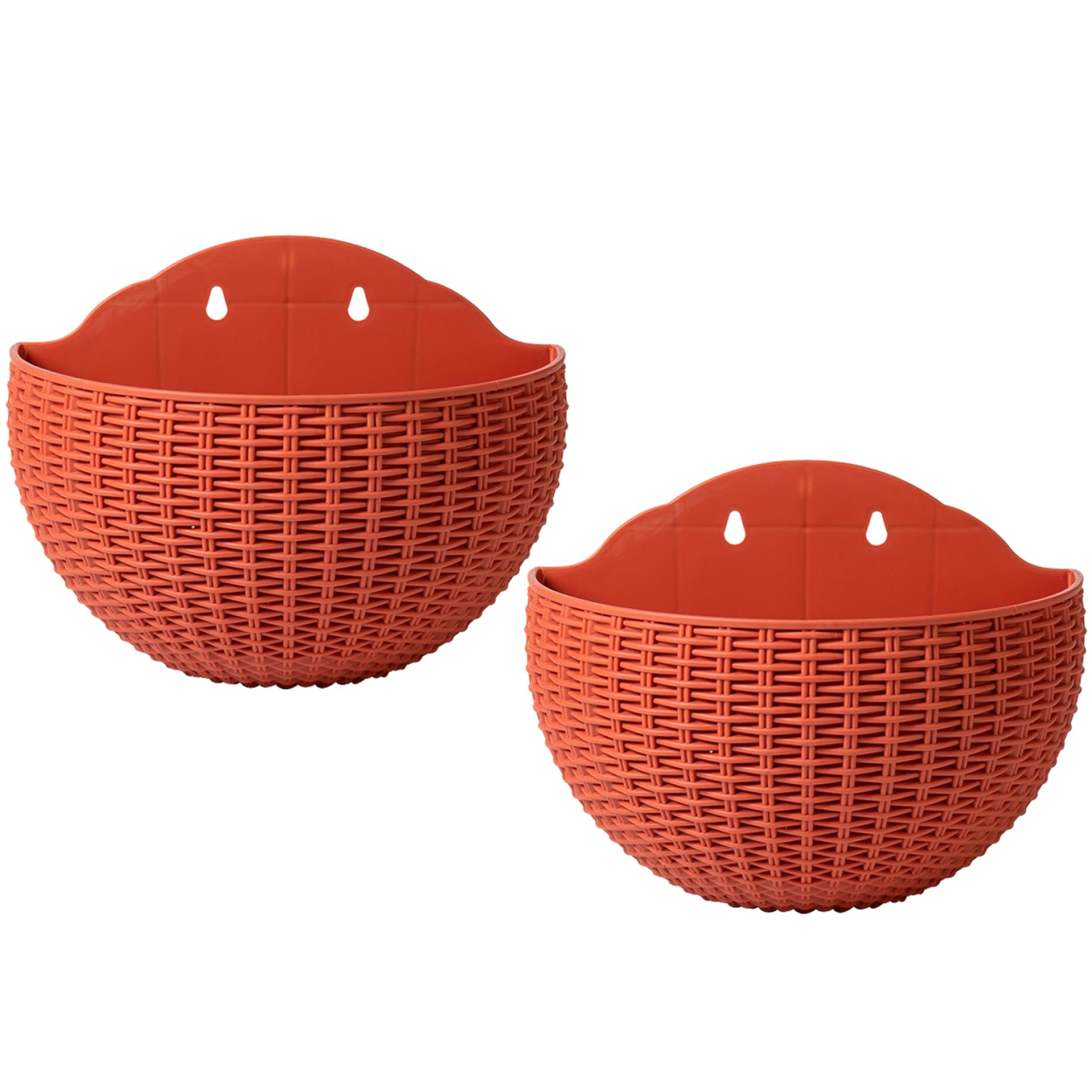 Veesper Brick-Red 2Pcs Wall Hanging Half Round Fence Planter With Drainage And Hooks, Wall Mounted Planter For Balcony Garden Railing Indoor Outdoor,