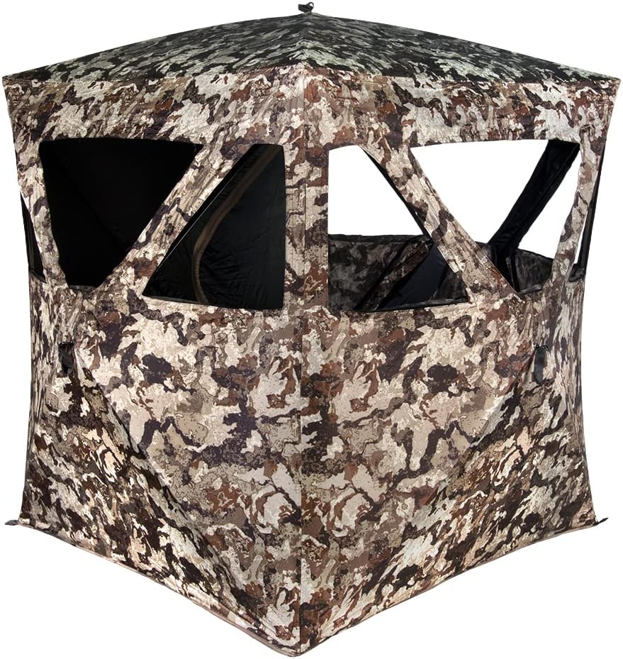 Muddy Hunting Whitetail Deer Buck Hog Watertight 300D Fabric Standing Height 66” Veil Camo Pattern Three Person Ground Blind