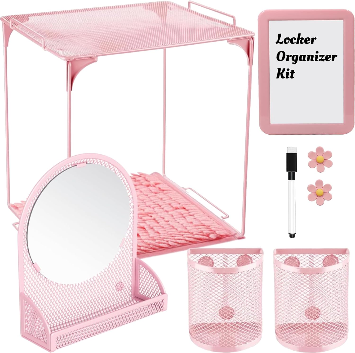 9 Pcs Locker Organizer Kit Includes Locker Shelf Rug Magnetic Mirror Magnetic Pen Holder Magnetic Whiteboard with Marker and Nails Locker Decoration for Back to School Supplies (Pink)