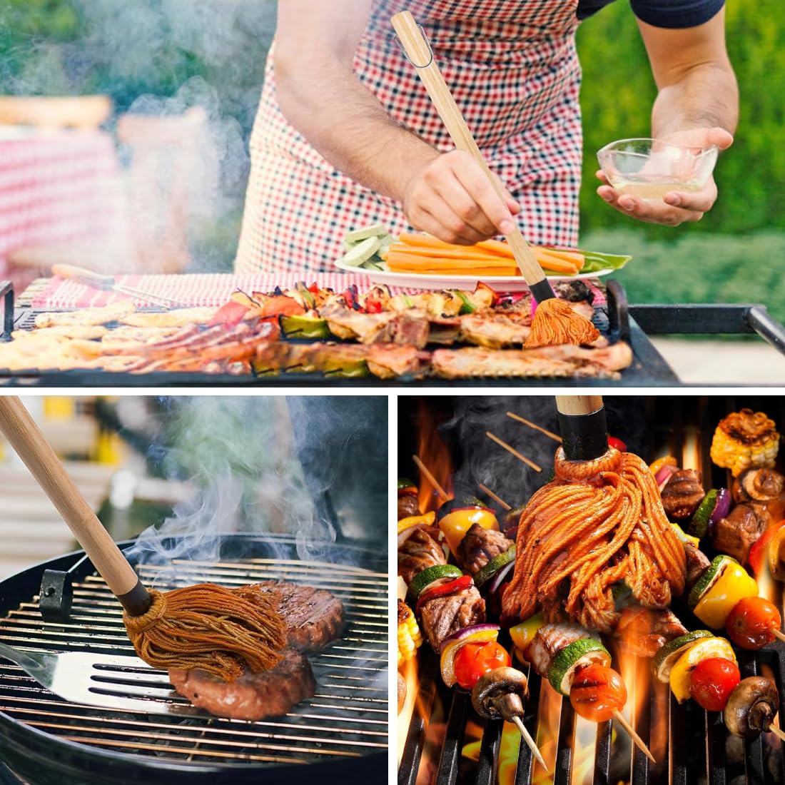 SGERUFZ Pennelli per Barbecue Legno, Spazzole Mocio per Salsa Barbecue Marinate con Manico in Legno, Pennelli Cucina Testa in Cotone Lavabile con 1 Testine di Ricambio, per Arrostire e Grigliare