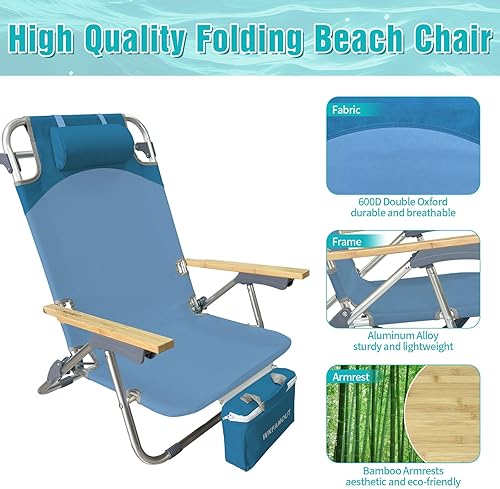 Miniatura 3 de Mochila plegable de playa, paquete de 2 unidades, de aluminio, 5 posiciones, con mesa de camping Samll, silla de salón plana de bambú para