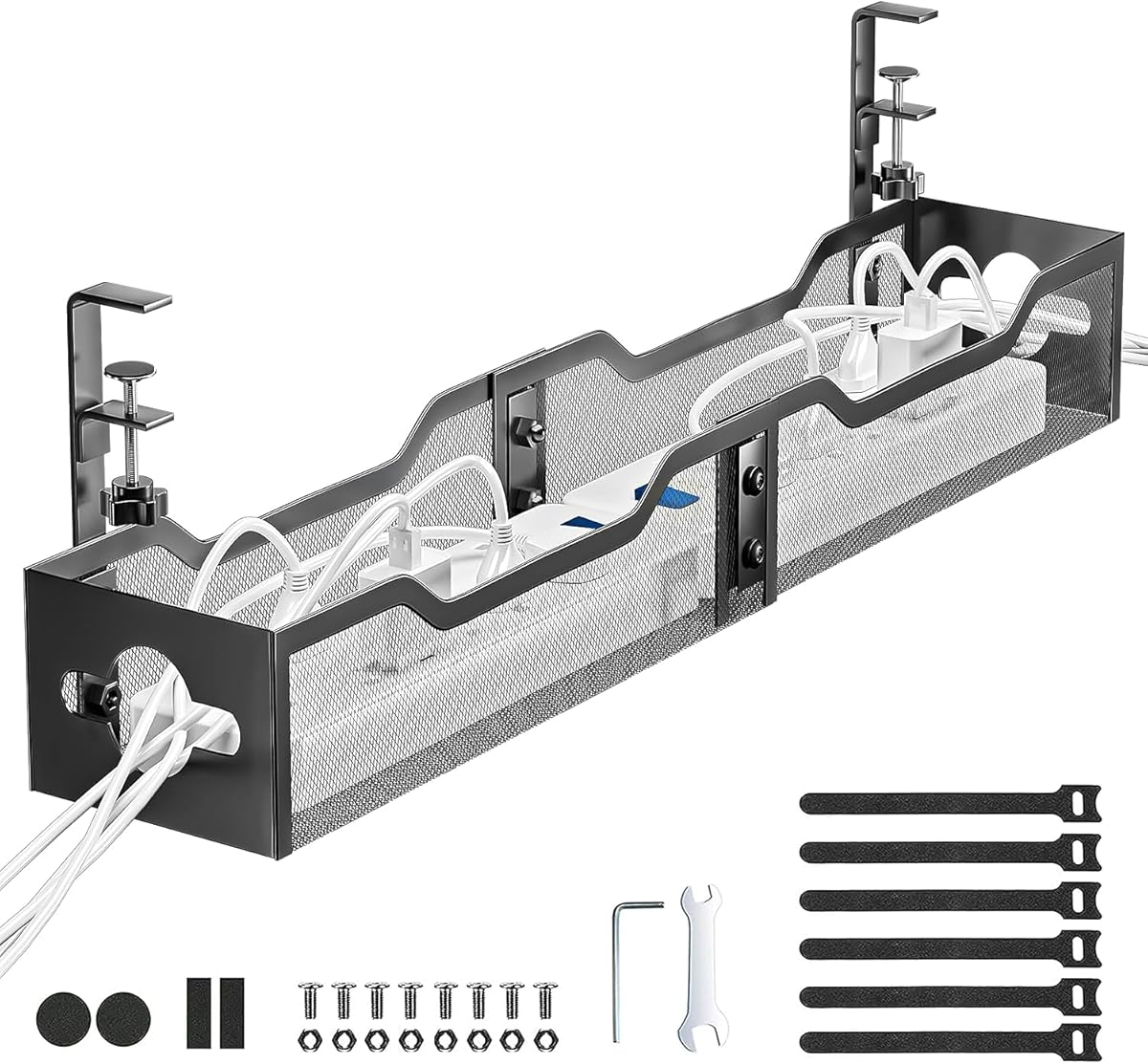 Under Desk Cable Management Tray Black, Litwaro Cable Management Under Desk No Drill, 25'' Cable Tray with Clamp for Wire Management, Cord Organizer for Office, Home - No Damage to Table
