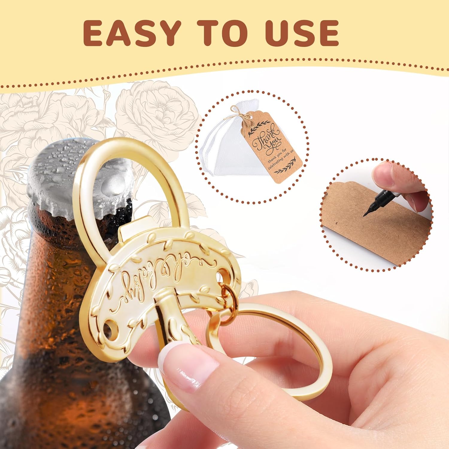 50 Pack Pacifier Bottle Openers,Baby Shower Favors for Guests,Baby Shower Party Favors Bottle Opener Souvenirs with Organza Bags Thank You Tags for Kids Birthday Party,Baby Welcome Party and Wedding