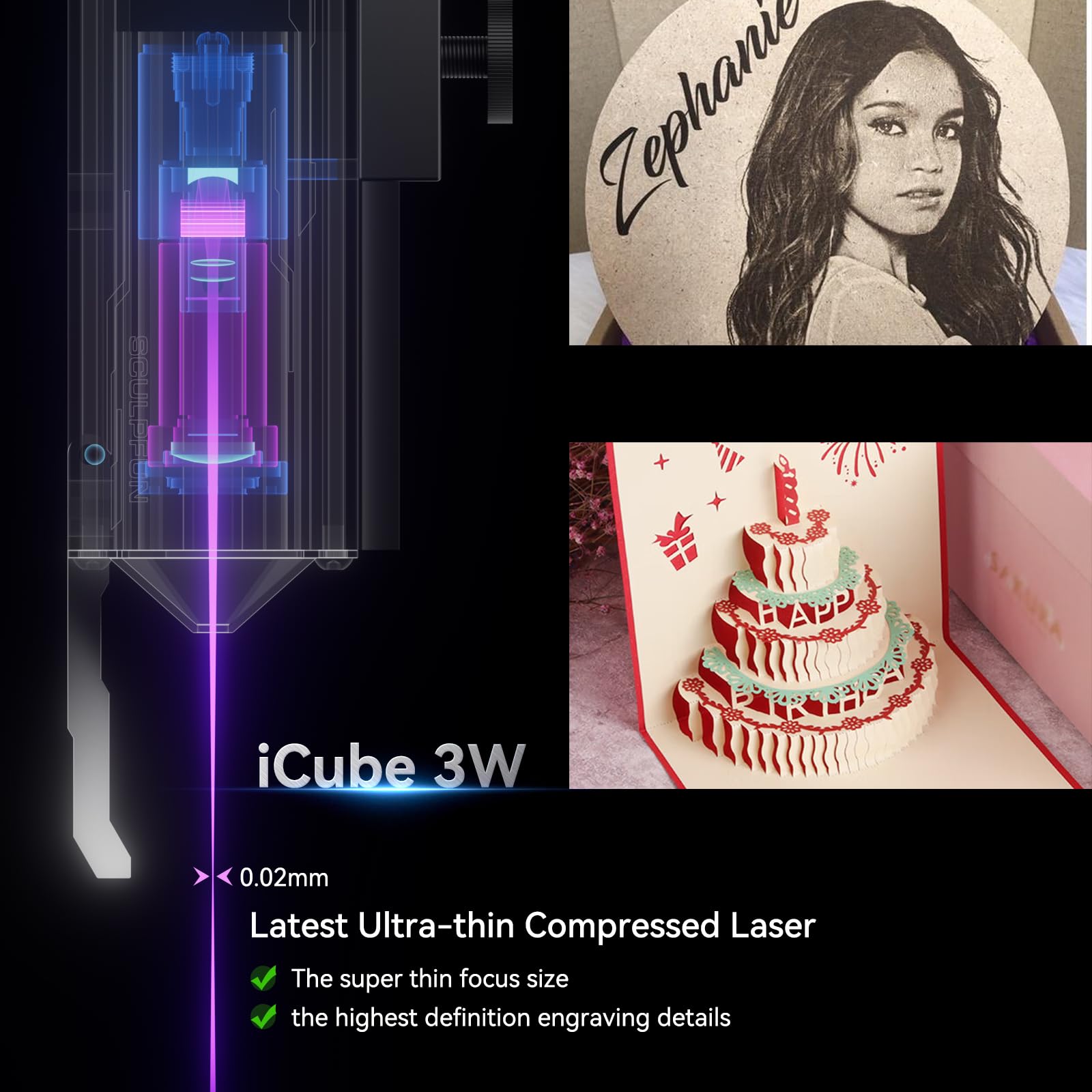 iCube maszyna do grawerowania laserowego 3 W, wycinarka laserowa z filtrem dymu, grawerunek aplikacyjny, prędkość grawerowania 10000 mm/min, alarm temperatury, ostrość laserowa 0,02 mm, grawerunek