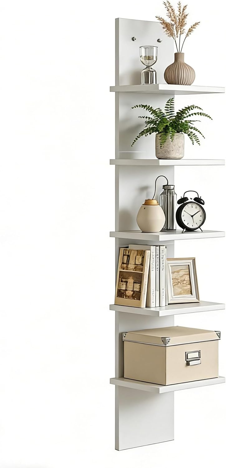 Ladder Shelf, 5-Tier Wall Mounted Bookshelf, Modern Simple Storage Rack,Easy to Install, for Living Room, Bedroom & Study, White