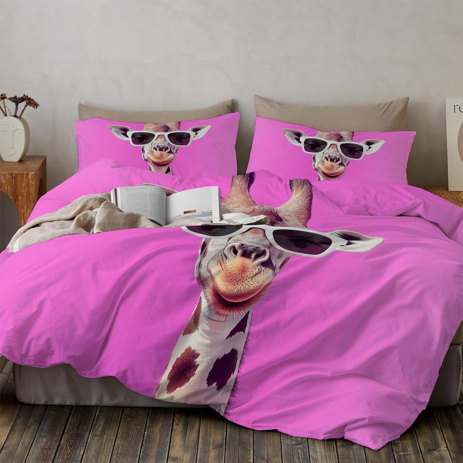 Housse de couette girafe rose zippée facile à border pour éliminer la corvée de lit