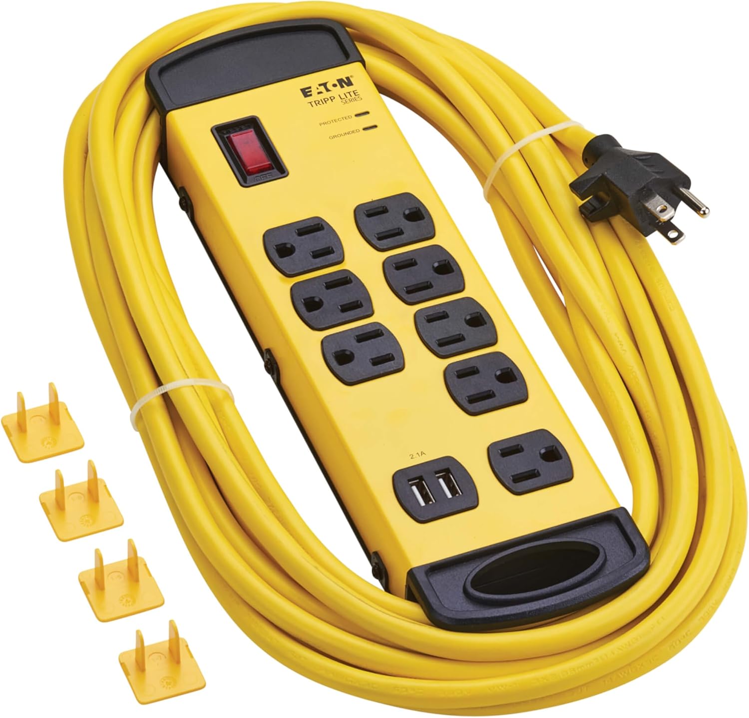 Eaton Tripp Lite series TLM825USB Heavy Duty Power Strip with Surge Protection & 2 USB Ports, 8 Outlets, 25ft Cord, 1960 Joules, Yellow Metal, Under Desk & Wall Mountable, Cord Wrap, Industrial Garage