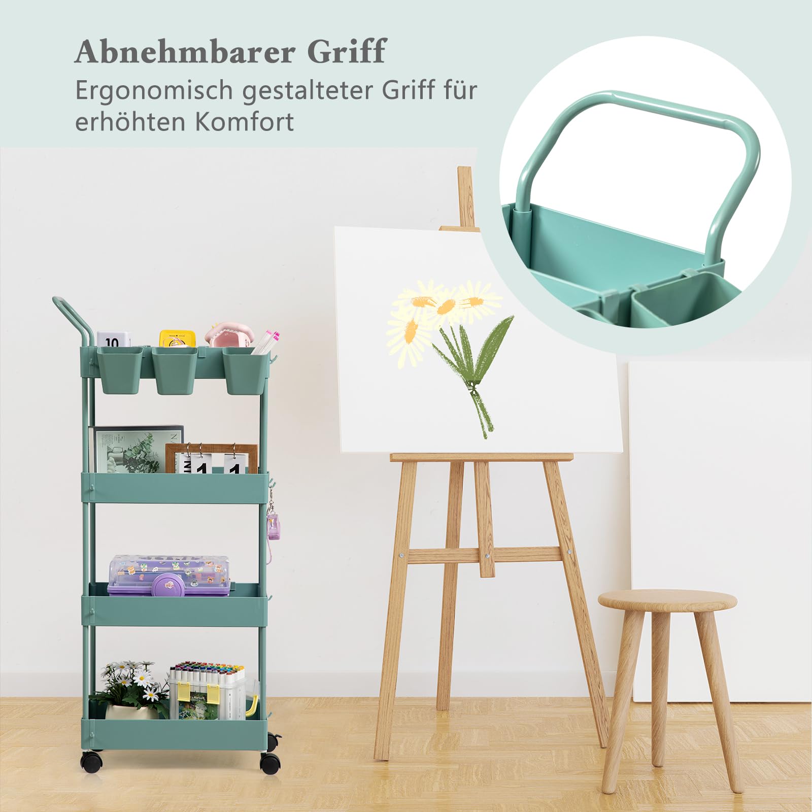 danpinera Carrello stretto per bambini, carrello da portata con 4 piani, carrello da cucina con pareti divisorie e ganci e bicchieri da appendere, carrello per nicchia per cameretta dei bambini