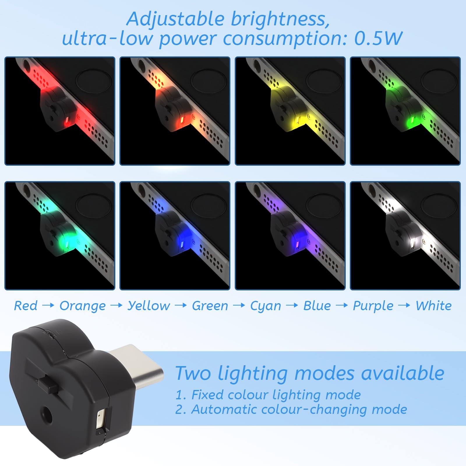 2 SZT. Światło typu C z 5-krotnie Regulowalnym Kierunkiem Światła Typu C USB Oświetlenie Atmosferyczne USB C LED Światło Do Samochodu z 8 Kolorami RGB i Trybem Stałym lub Automatycznym dla Samochodu