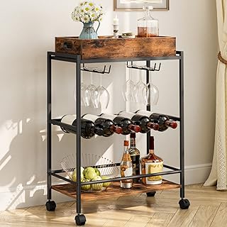 MAHANCRIS Bar Cart for The Home, 3-Tier Home Rolling Cart with Wine Rack and Cup Holder, Beverage Storage Cart with Removable Wooden Tray, for Kitchen, Dining Rooms, Bar, Rustic Brown RCHR6001Z