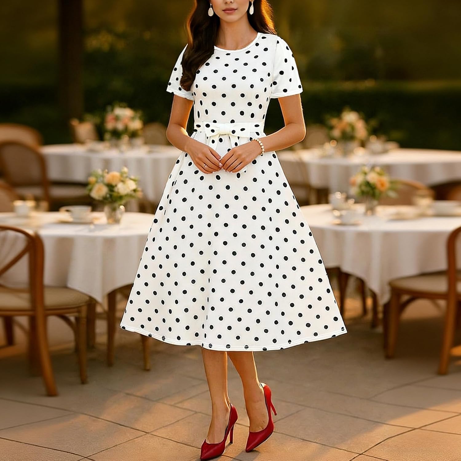 Women’s Polka Dot Midi Dress Short Sleeve Summer Casual Wedding Party
