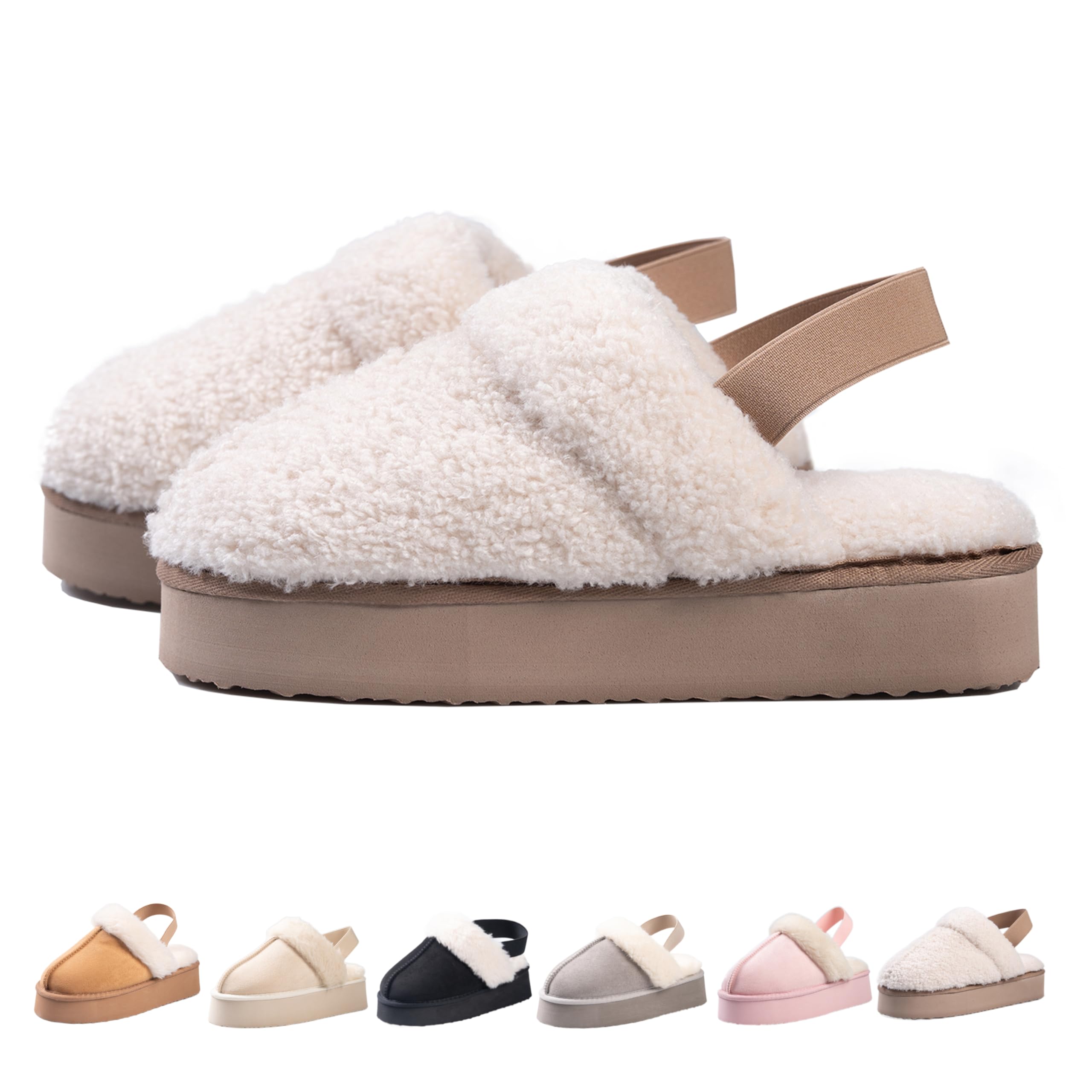Womens Platform Slippers Suede Fuzzy Slippers with Strap