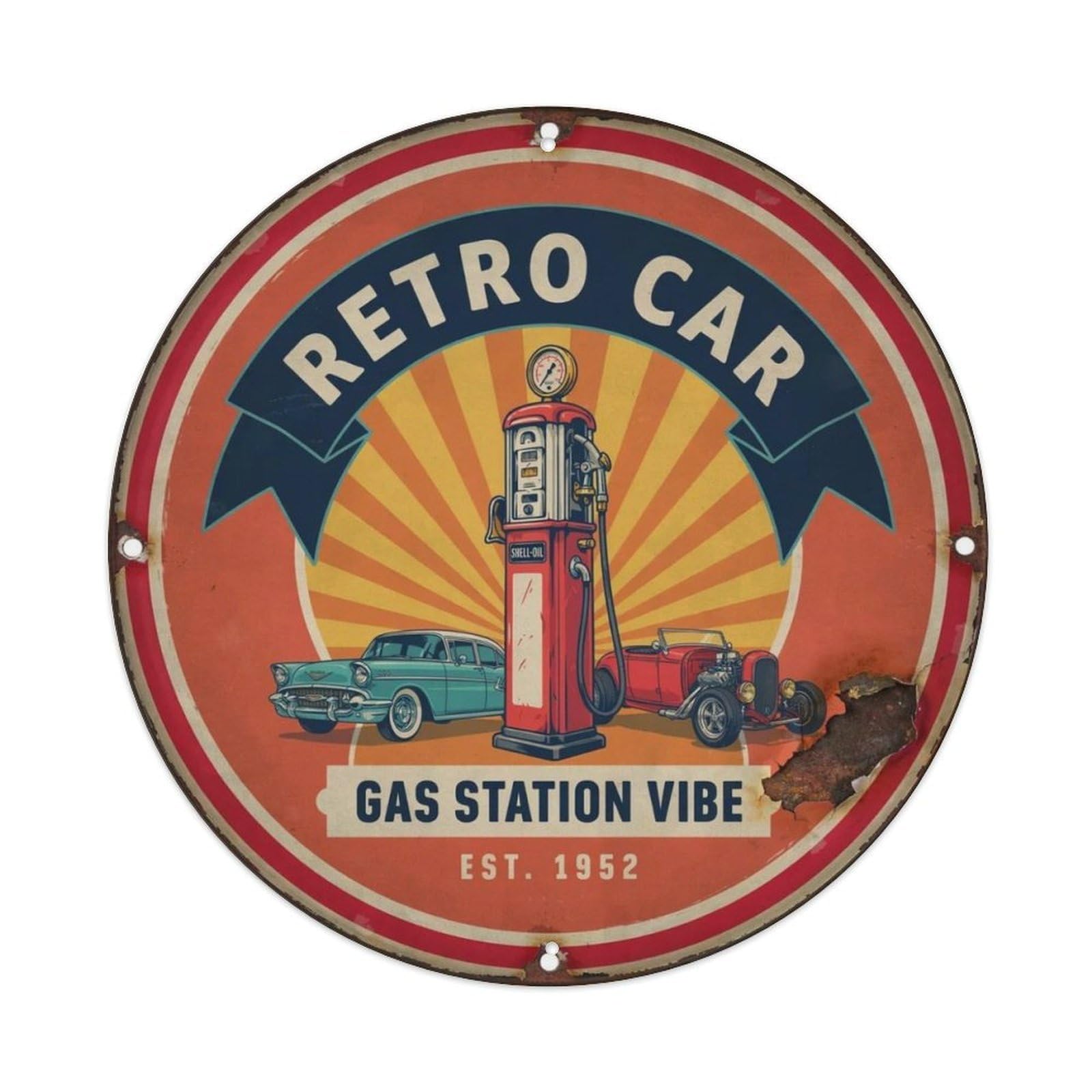 Retro Car Gas Station Vibe. Metal Tin Sign Plaque
