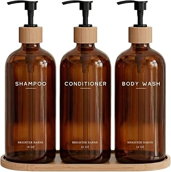 Amber Shampoo and Conditioner Dispenser Set by Brighter Barns - Refillable Plastic Shower Dispenser for Bathroom - Body Wash and Shampoo Bottles with Tray - Boho Decor for Airbnb, Hotel, Gift (Amber)