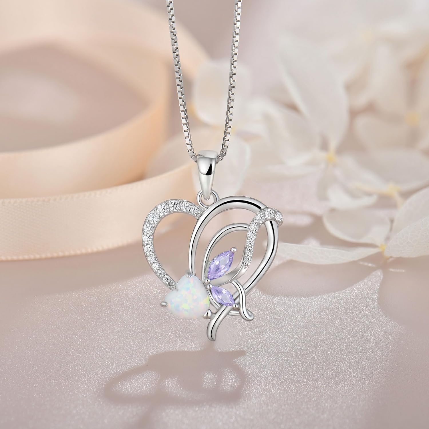 Opal Heart Necklace for Women 925 Sterling Silver Butterfly Pendant Birthstones Jewelry Gift - Image 3