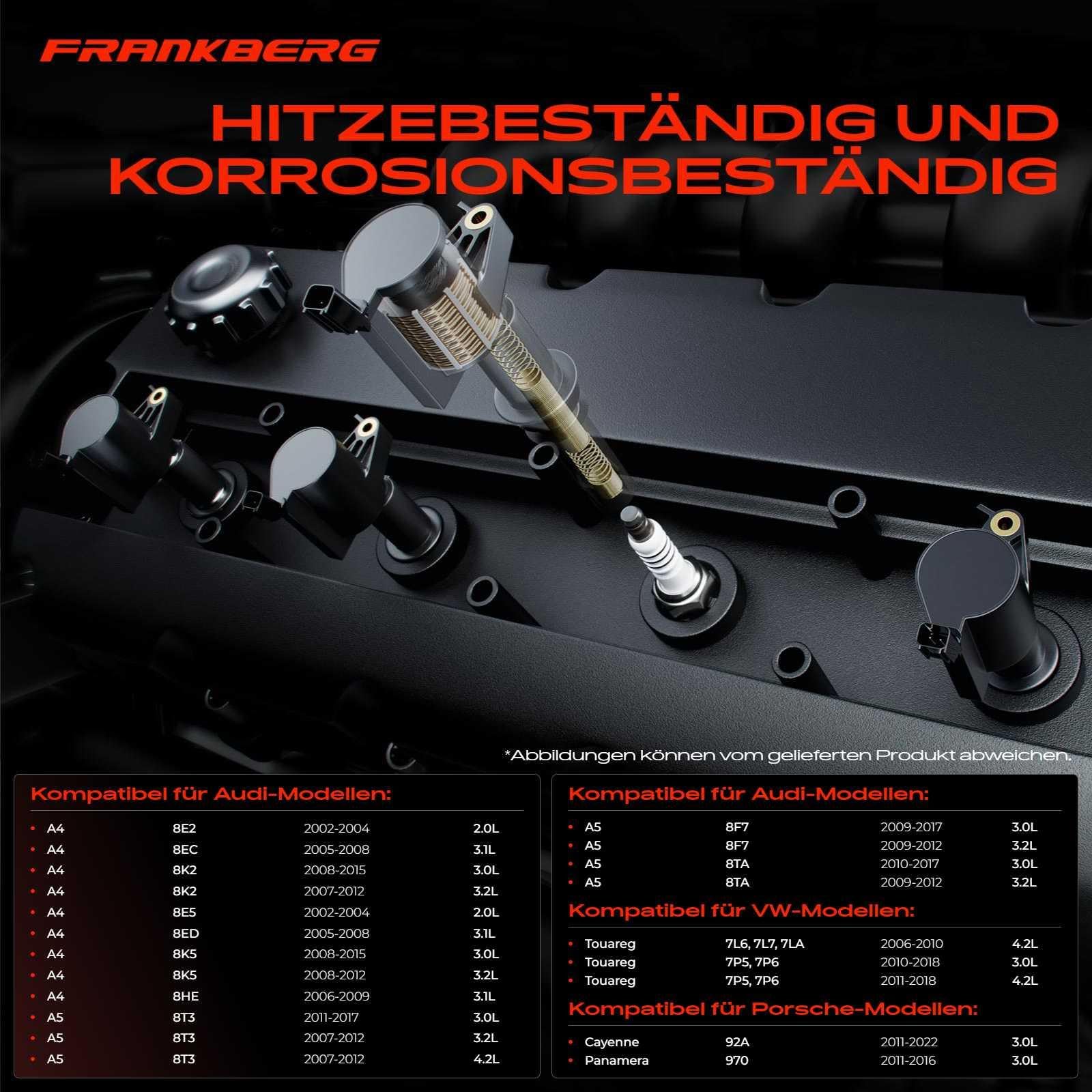 Frankberg Juego de 4 bobinas de encendido y bujías para gasolina | Compatible con: R8 Spyder 427 429, A4 8EC, A8 4E2 4E8, C.a.y.e.n.n.e 92A, A5 Sportback 8TA, A6 Allroad 4GH 4GJ, Q7 4LB