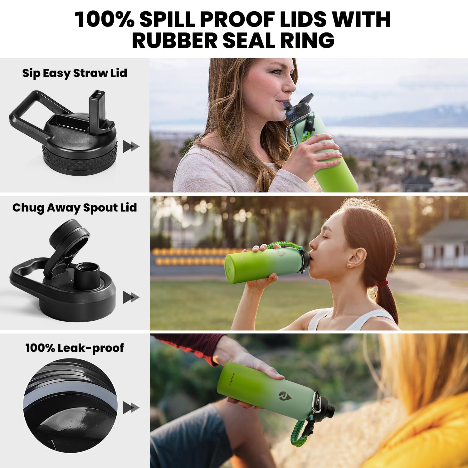 RAYMYLO Insulated Stainless Steel Water Bottle with Straw & Spout Lids - Image 3