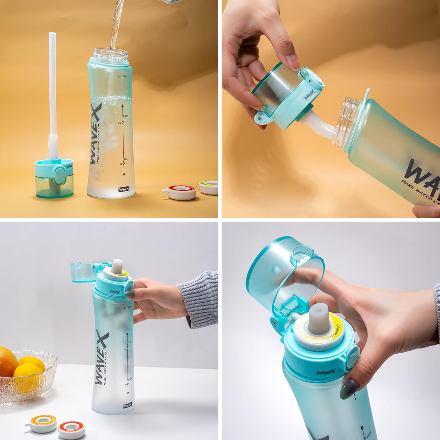 WAVEX Flavored Water Bottle That Makes Plain Water Enjoyable, Aroma-Powered Hydration, Includes 3 Strawberry Aroma Flavor Scent Pods, No Sugar or Additives, 0 Calorie, (600ml, Sea Breeze Turquoise)