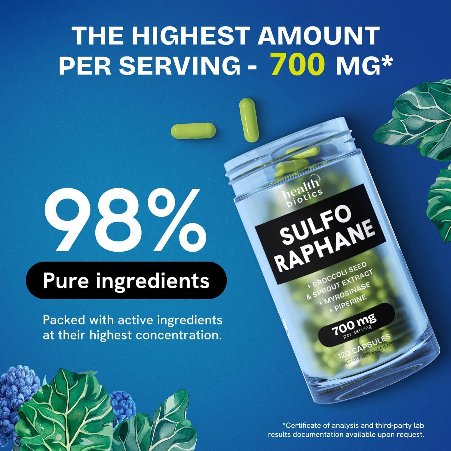 Sulforaphane Supplement Organic Broccoli Sprouts | Stabilized Sulforaphane Kids & Adult | from Broccoli Florets & Seeds | Organic Sulfur Supplements 120 Pills | 1 Pack