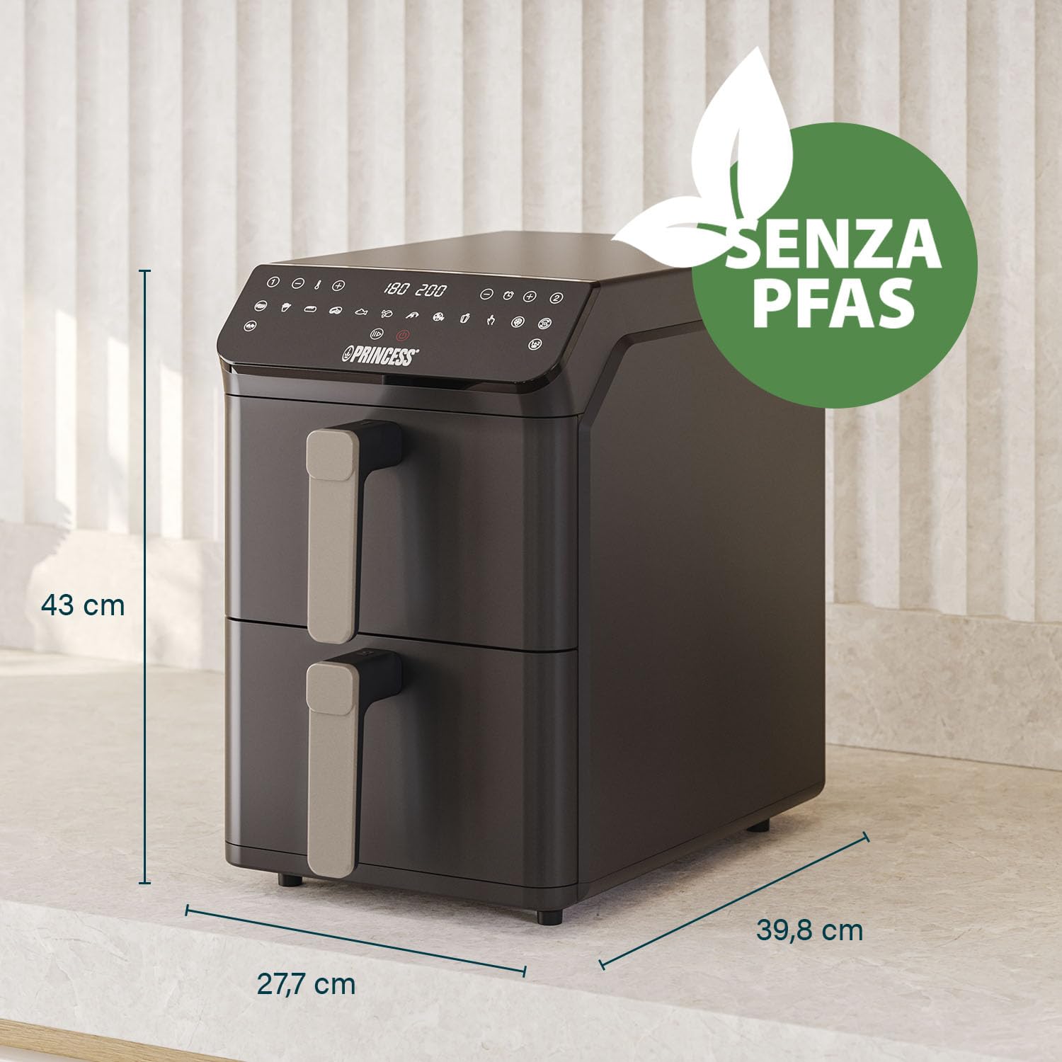 Princess Stack Friggitrice ad Aria, Doppia Friggitrice, 11,2 L, 3000 W, Design Verticale, Funzione Sync, Rivestimento senza PFAS, Nera, 01.182278.01.001