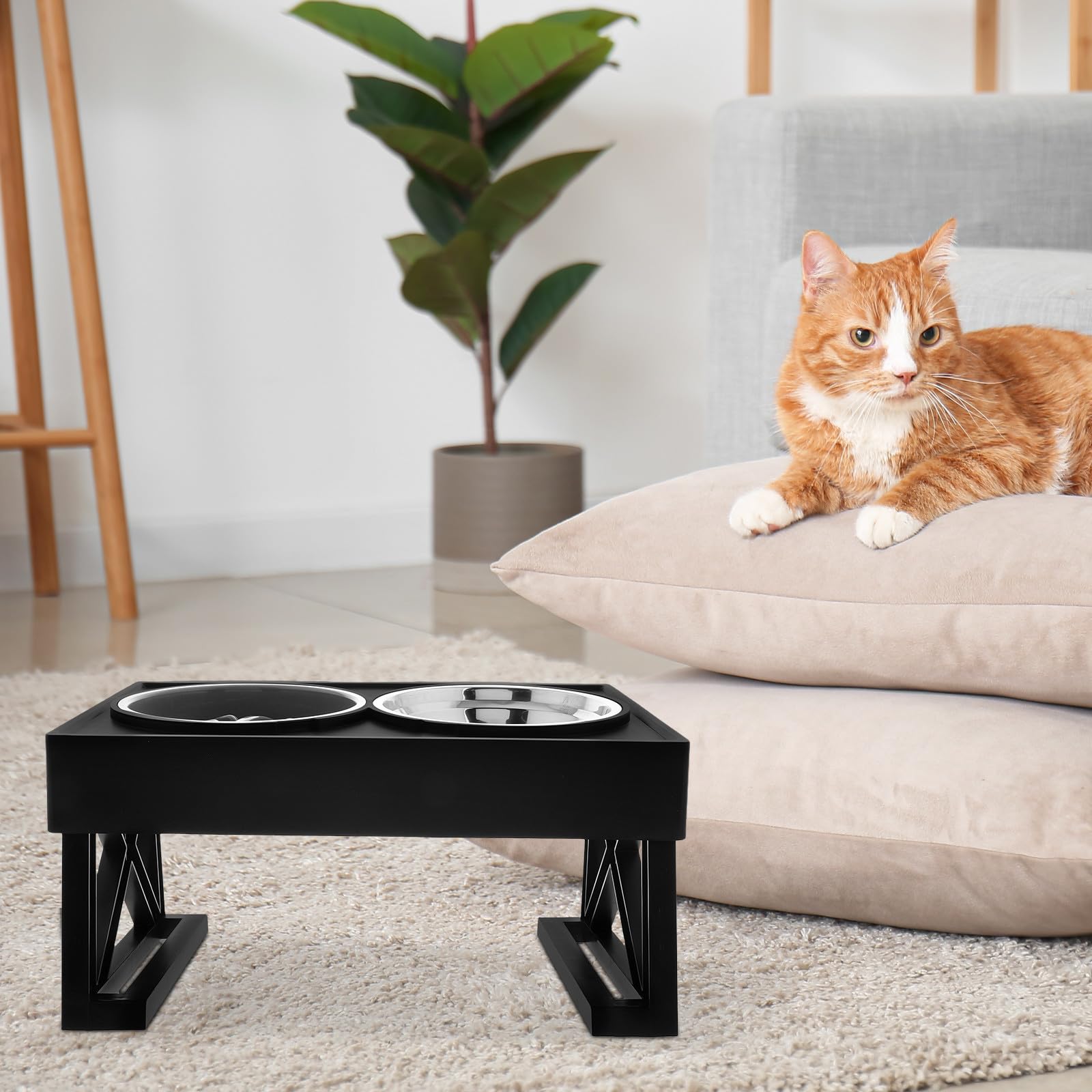 Gamelle pour Chat Gamelle pour Nourriture et Eau du Chien Surélevée Anti-glouton Double Bol en Acier Inoxydable et Abs pour Nourriture et Eau, Chats et Chiens, Voyage et Extérieur