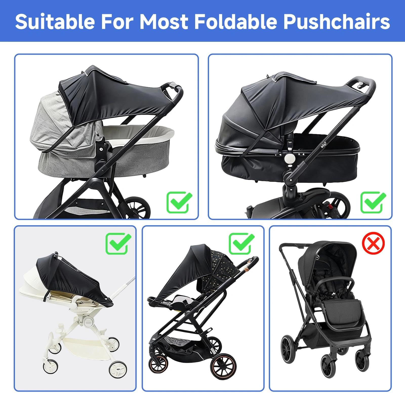 Sombrilla Carro Bebe Universal con Protección UV, Transpirable Parasol Carro Bebe con Ventana, Ajustable Universal Protector Solar Carrito Bebé, Negro