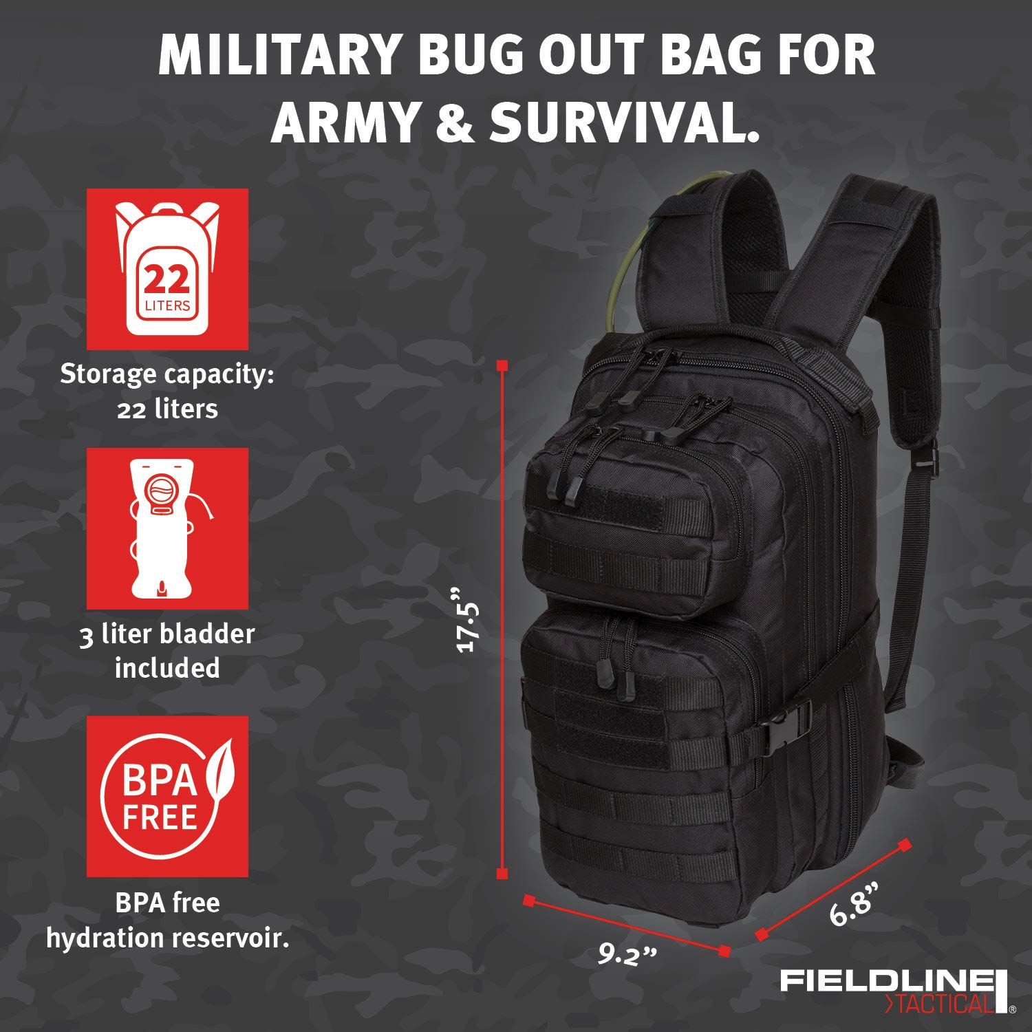 Fieldline Tactical Hydration Pack – 2-Liter Reservoir, 22L Storage, MOLLE Webbing – For Hiking, Hunting, Military Use - View #3