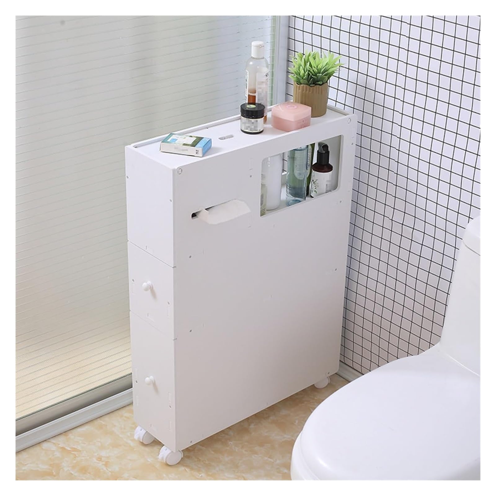 Armadio da Bagno Stretto con Ruote, Organizzatore di stoccaggio Mobile in PVC Bianco, Carrello a 2 cassetti per Piccoli spazi, Soluzione ordinata a Prova di umidità per bucato da Cucina
