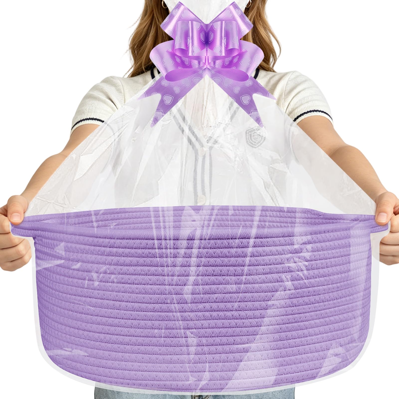 Lotvic 43x32x18cm Large Gift Basket, Hamper Kit, Empty Hamper Basket with Cellophane Bags and Pull Bows, Rope Gift Baskets with Handles, Woven Gift Baskets for Baby Shower, Wedding, Birthday (Purple)