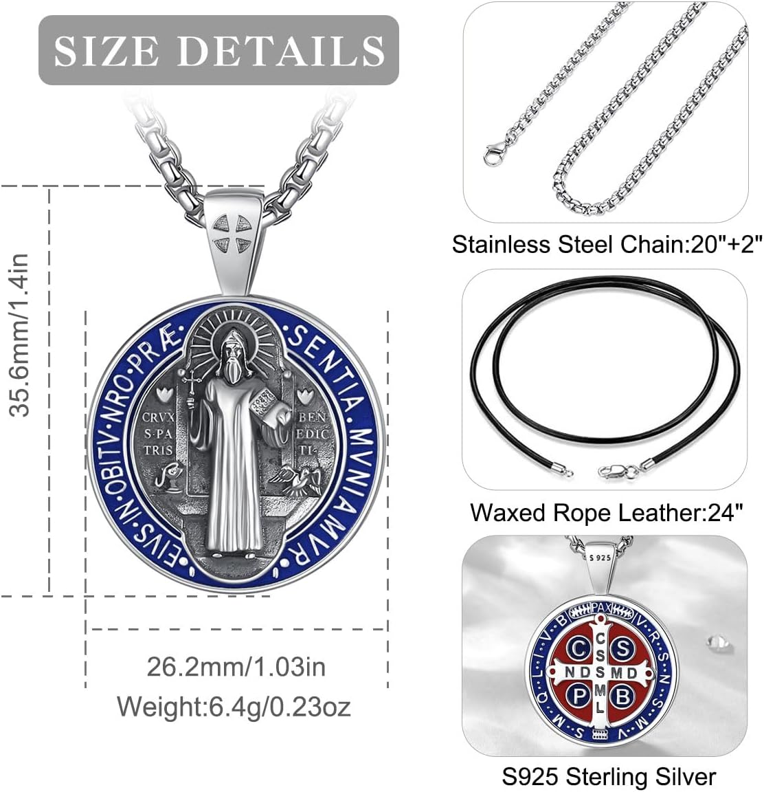 EUDORA 925 Sterling Silver St Benedict/St Michael/St Christopher/Archangel Raphael Gabriel Metatron/Virgin Mary/St Joseph/St Anthony Crucifix Pendant Bible Verse Prayer Necklace Jewelry for Men Women - Image 3