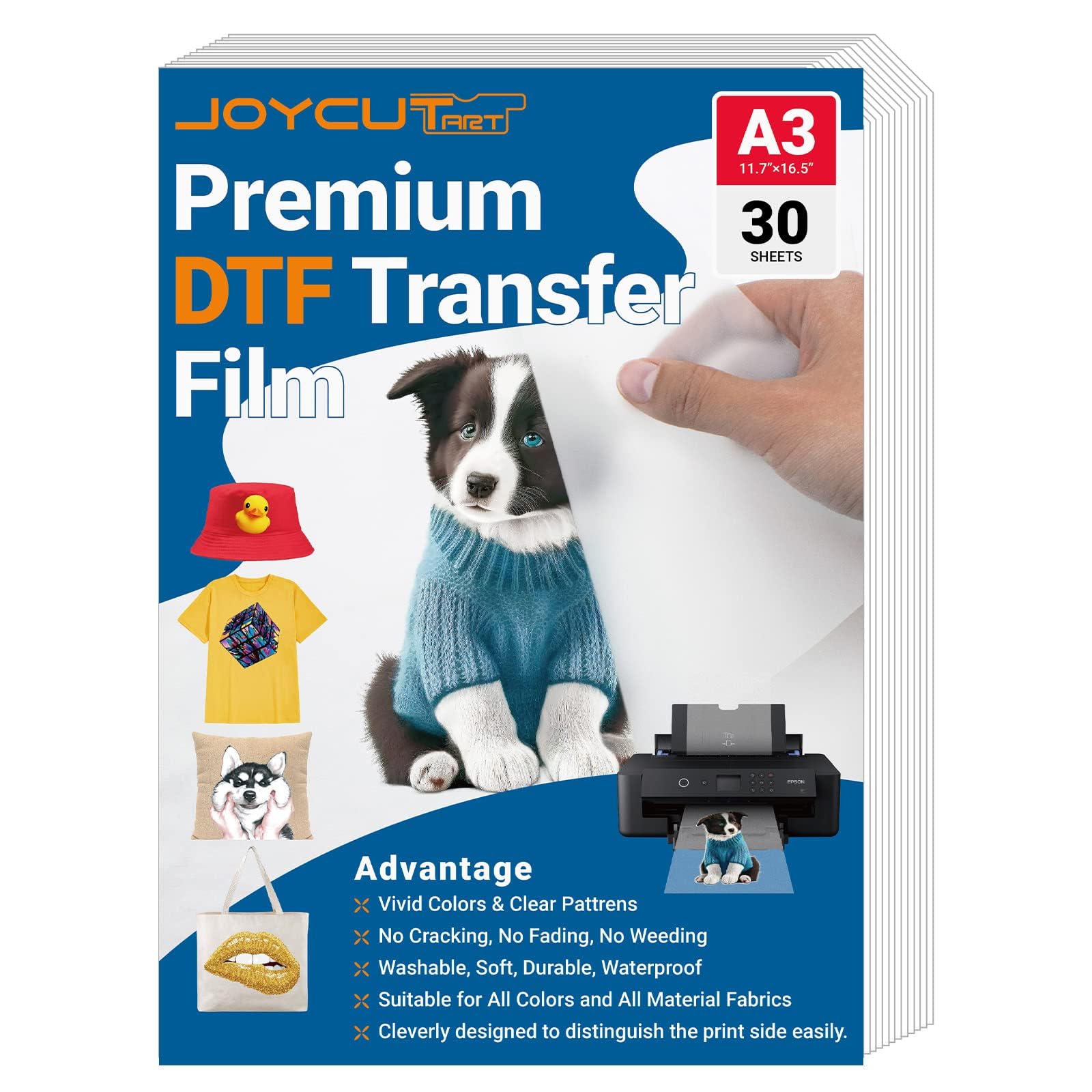 JOYCUT DTF Transfer Film - A3（11.7"×16.5"）30 Sheets Double-Sided Matte Finish, DTF Film for Sublimation and DTF Inkjet Printer, Direct to Film Transfer Paper for T-Shirts